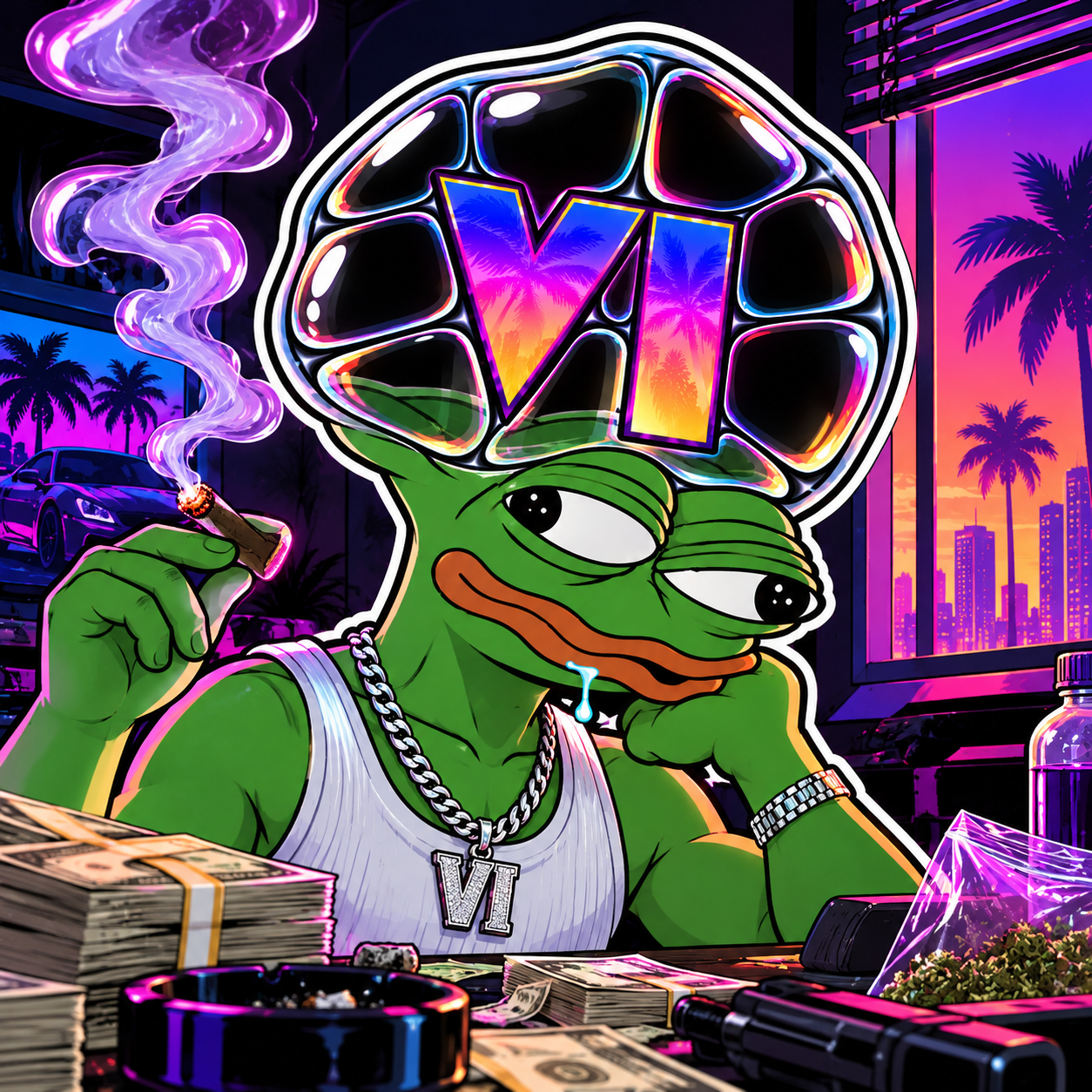 Pepebrain in a neon-lit room overlooking a sunset