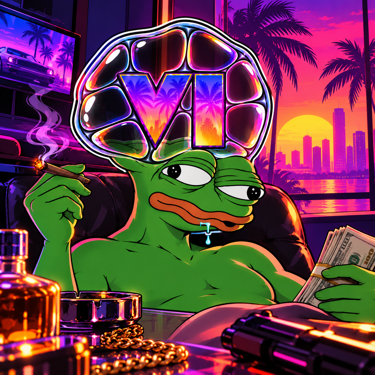 Pepebrain enjoying the neon city skyline